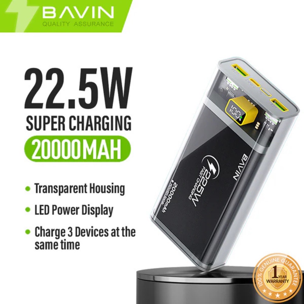 Bavin Power Bank 20000 mAh Fast Charging 22.5W USB et Type C OutPut Cachetè Tunis
