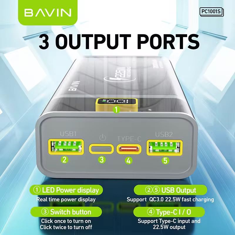 Bavin Power Bank 20000 mAh Fast Charging 22.5W USB et Type C OutPut Cachetè Tunis