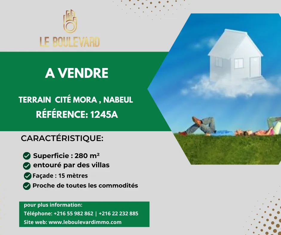 A vendre terrain 280m² à Cité Ennacim (Mora) , Nabeul