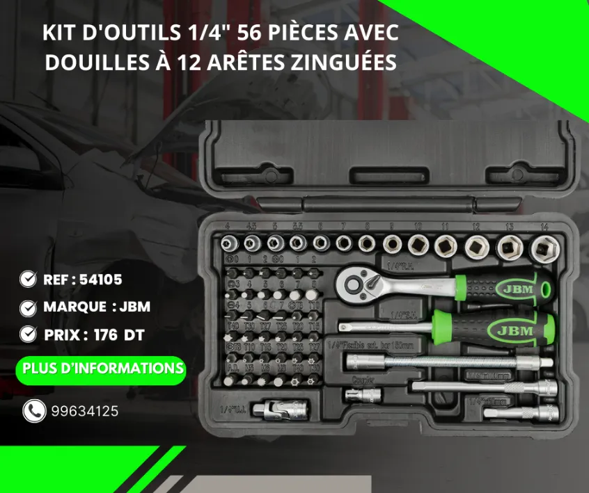 A VENDRE MATERIEL DE GARAGE REF : 54105 KIT D'OUTILS 1/4" 56 PIÈCES AVEC DOUILLES À 12 ARÊTES ZINGUÉES