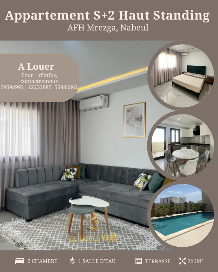 Location par nuitée : Appartement S+2 haut standing à AFH Mrezga, Nabeul