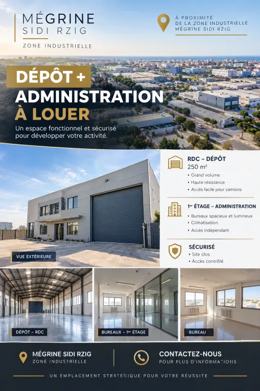 Dépôt 250 m² + Bureaux à Louer – Zone Industrielle Mégrine Sidi Rzig