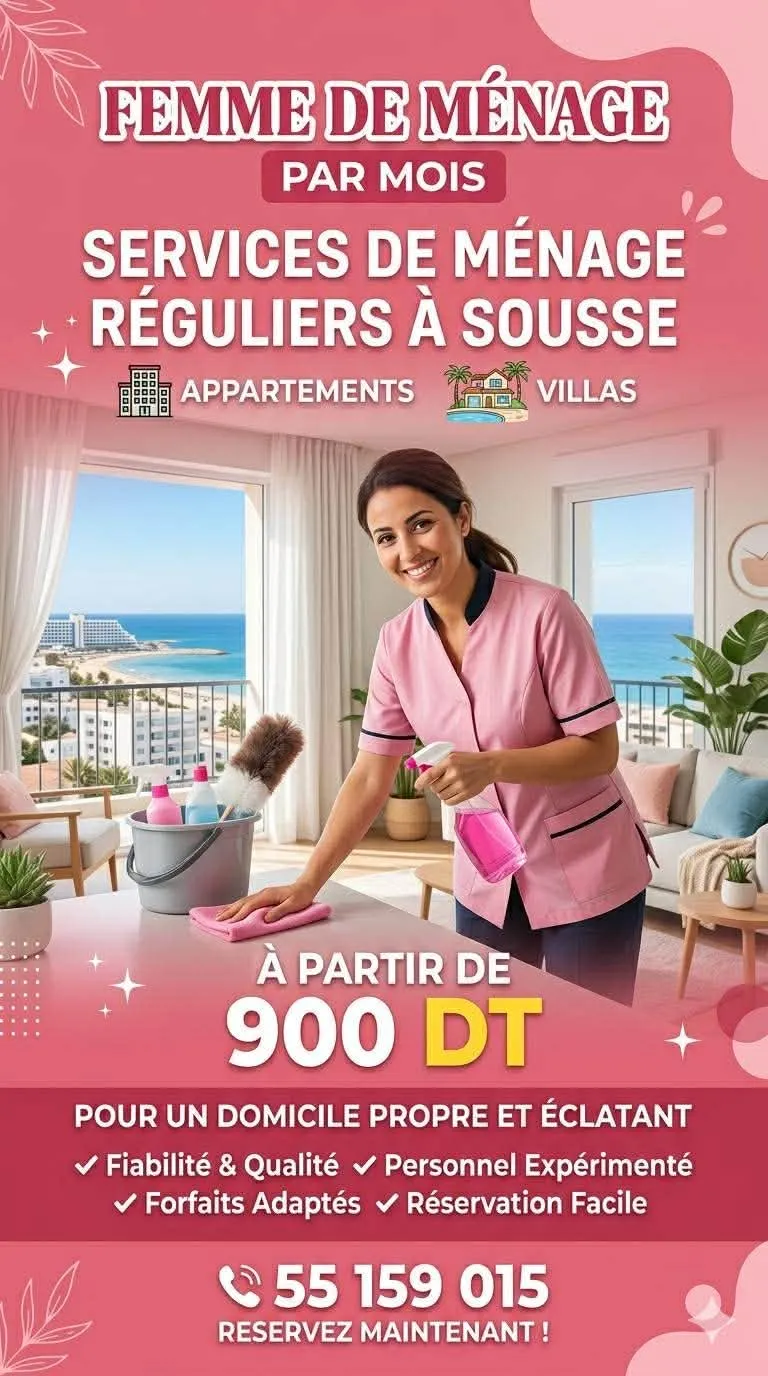 femme de menage par mois couchante a sahloul