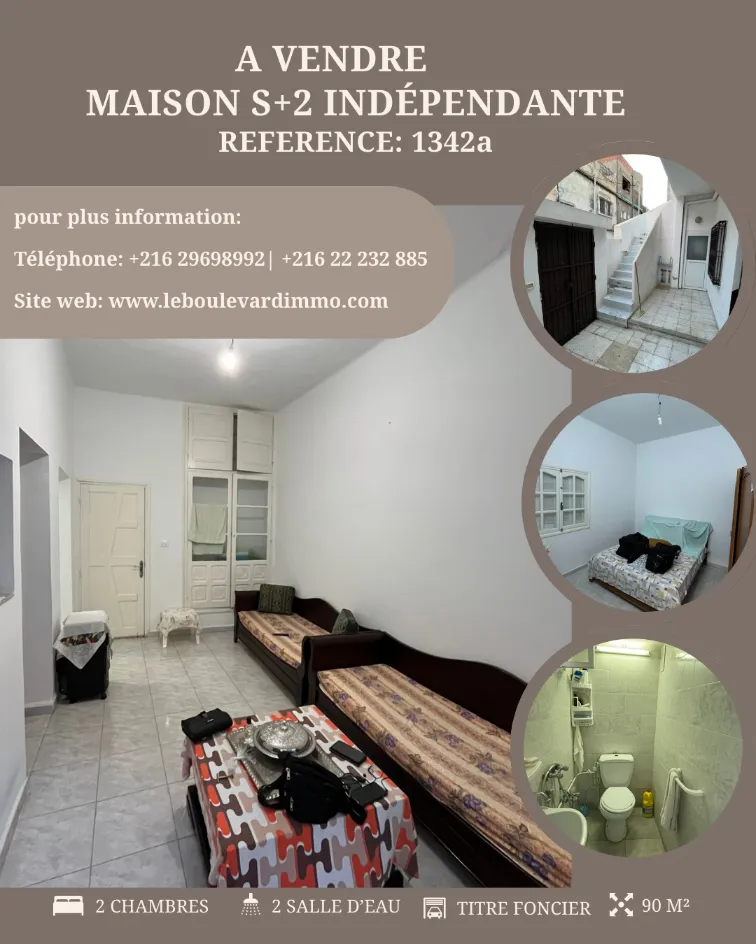 A Vendre Maison S+2 indépendante située à Sidi Achour, Nabeul