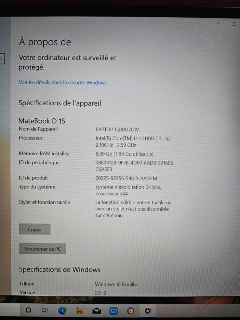 Pc portable huwai matebook D15