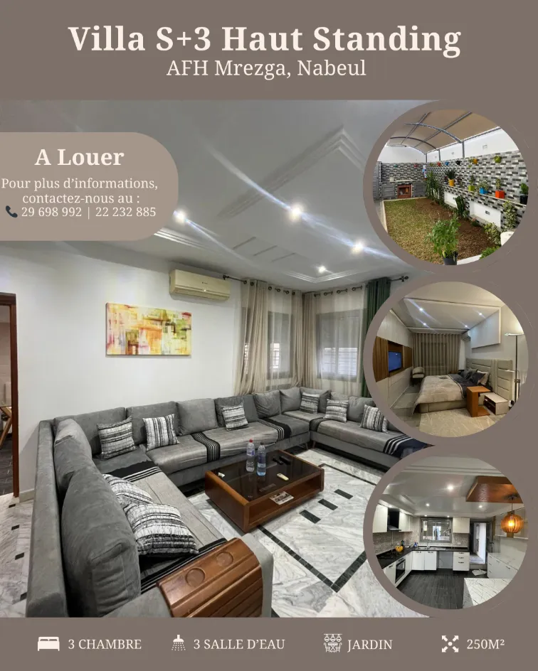 A Louer Villa S+3 Haut Standing à AFH Mrezga, Cité El Wafa, Nabeul