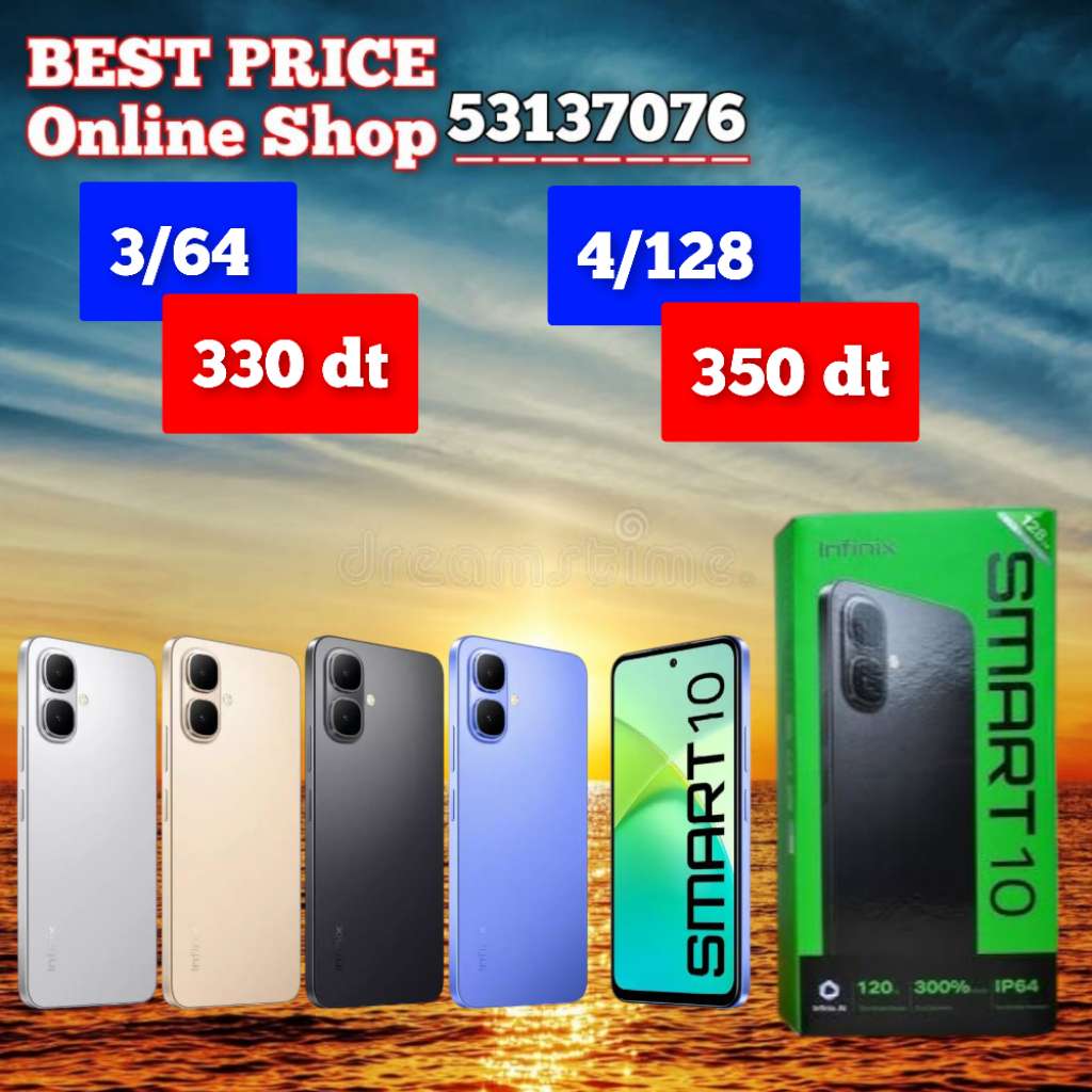 Infinix Smart 10 Neuf cacheté validé ✅
➖4/ 128 = 350 dt
➖3/64 = 330 dt