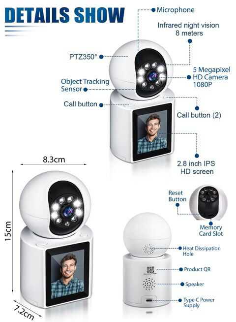 Caméra de visioconférence intelligente WiFi avec écran IPS de 2,8 pouces