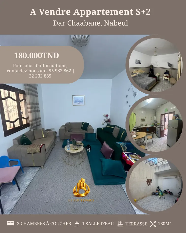 A Vendre Appartement S+2 situé dans un immeuble R+2 à Dar Chaabane, Nabeul