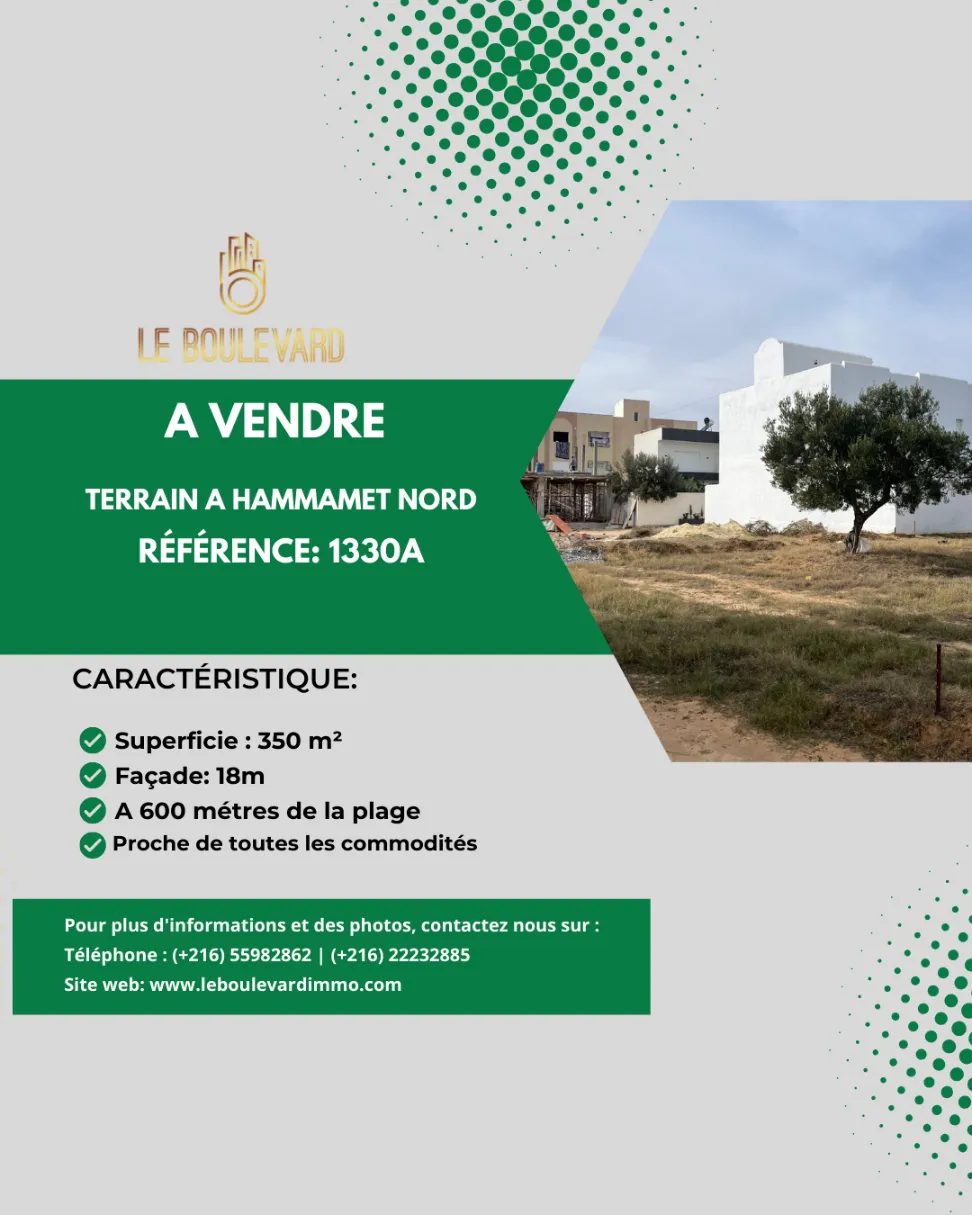 A vendre terrain 350m² Derrière Hôtel Nahrawess Hammamet Nord