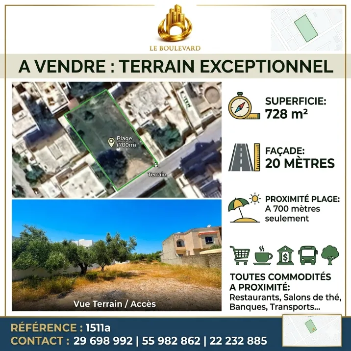 A vendre terrain 728m² à Jasmin , Nabeul