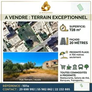 A vendre terrain 728m² à Jasmin , Nabeul 
