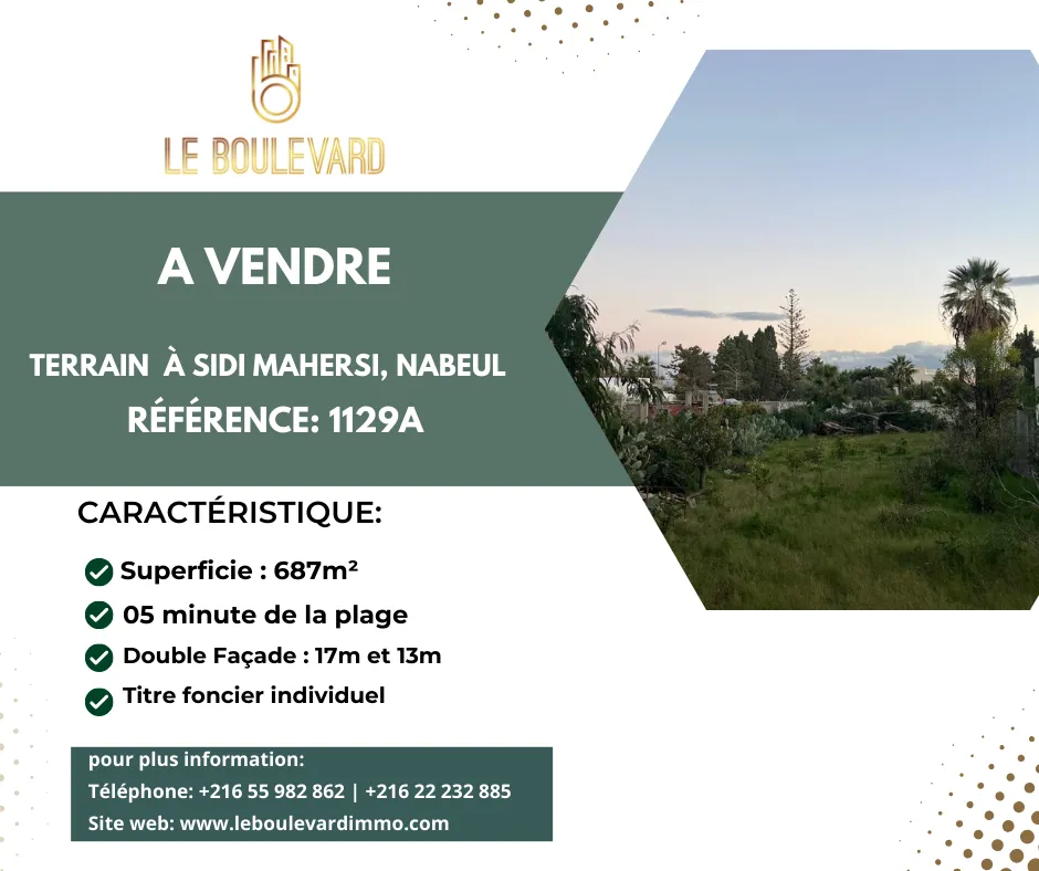 A Vendre Terrain 687m² situé dans un beau quartier à Sidi Mahersi, Nabeul