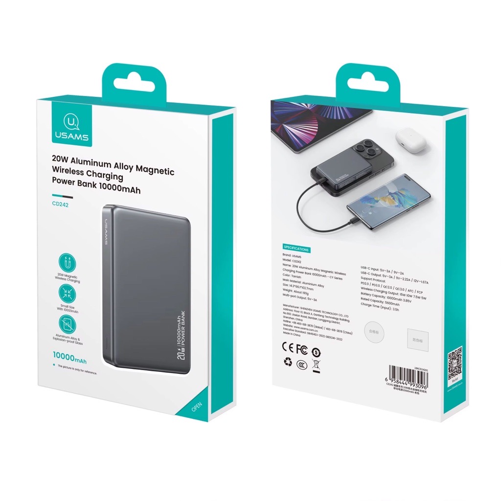USAMS Power Bank MagSafe 10000Mah 20W Aluminum Avec Type C OutPut Tunis