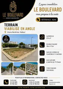 A vendre terrain 274m² Double façade à Jinene Beni Khiar 