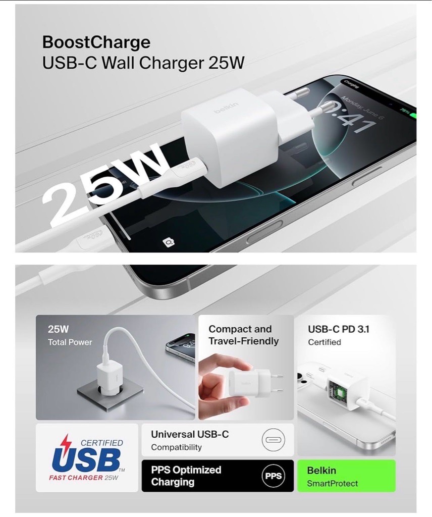 Belkin Chargeur Secteur USB-C 25W BOOST Charge Certifié Blanc 