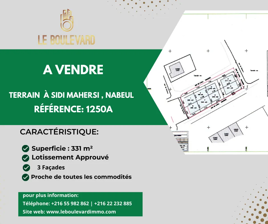 A vendre terrain 331m² sur 3 façades à Sidi Mahersi , Nabeul