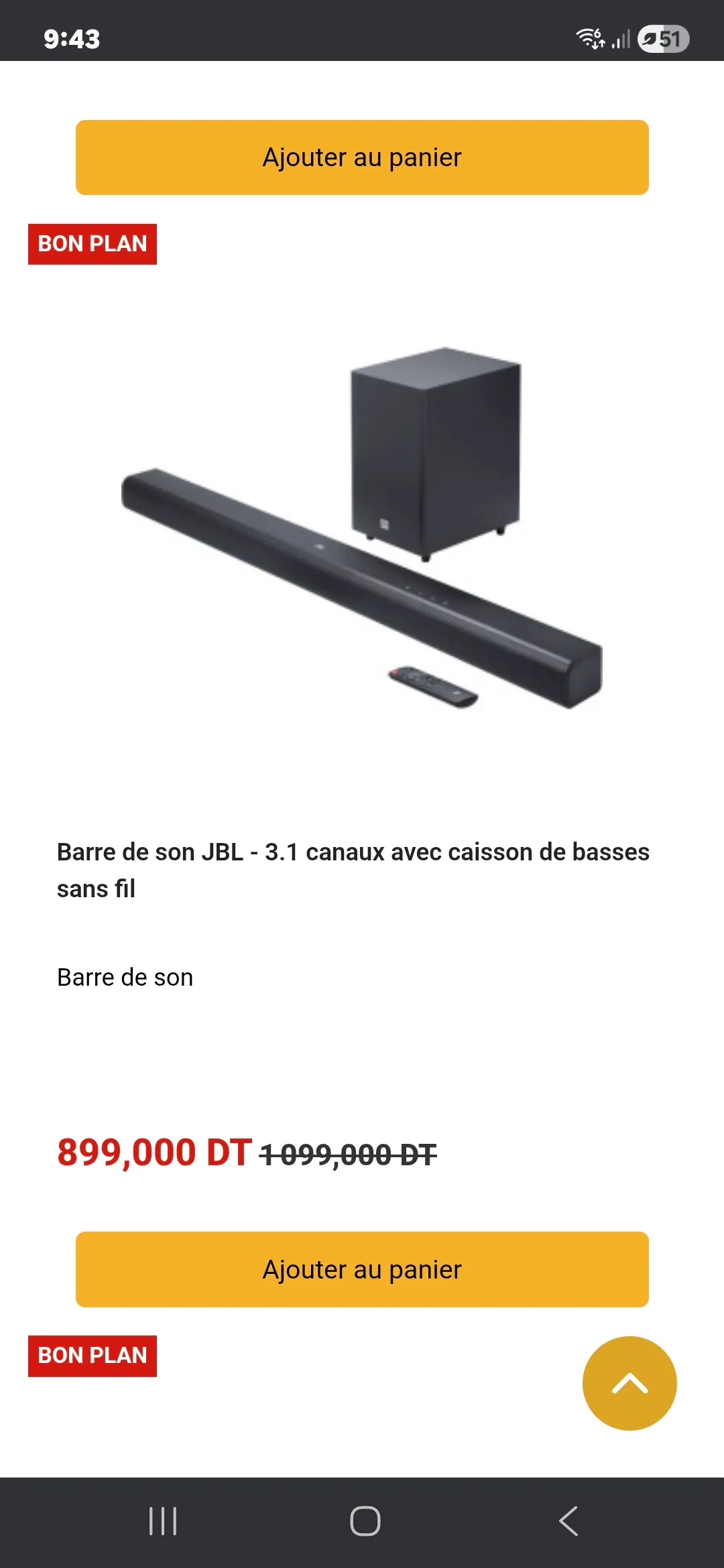 Home cinema Barre son JBL 3.1 et caisson sans fil 