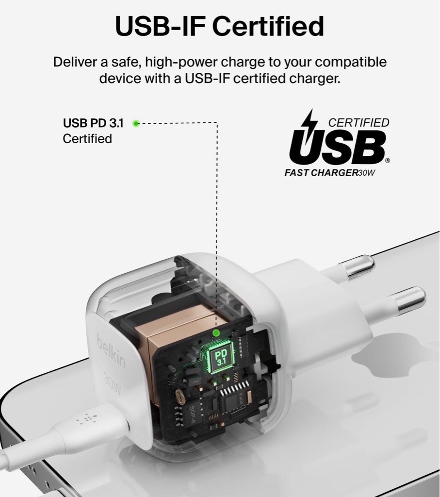 Belkin Chargeur Secteur USB-C 30W Power Delivery 3.1 avec Câble USB-C vers USB-C 