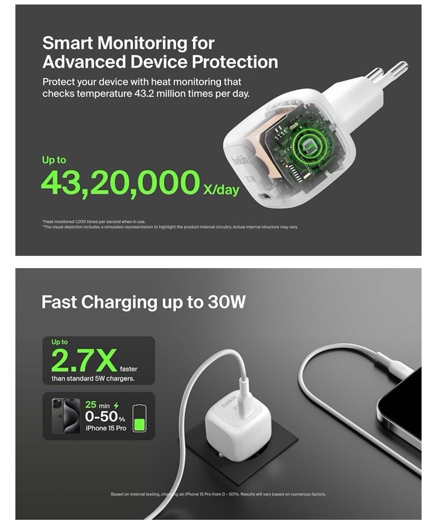 Belkin Chargeur Secteur USB-C 30W Power Delivery 3.1 avec Câble USB-C vers USB-C 