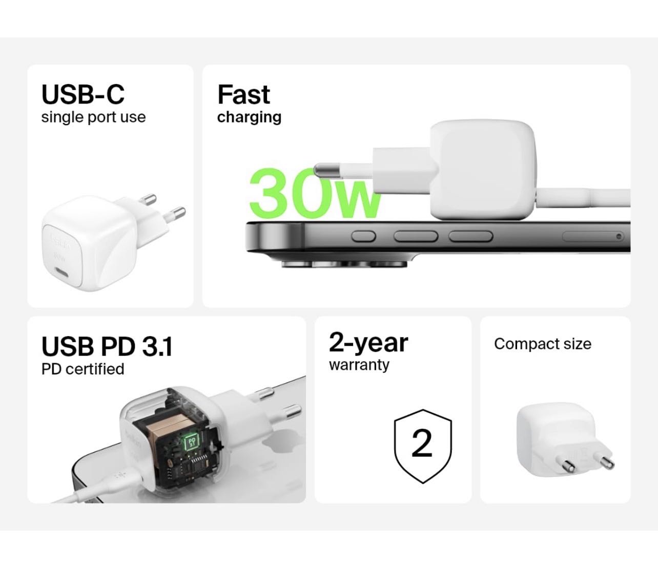 Belkin Chargeur Secteur USB-C 30W Power Delivery 3.1 avec Câble USB-C vers USB-C 