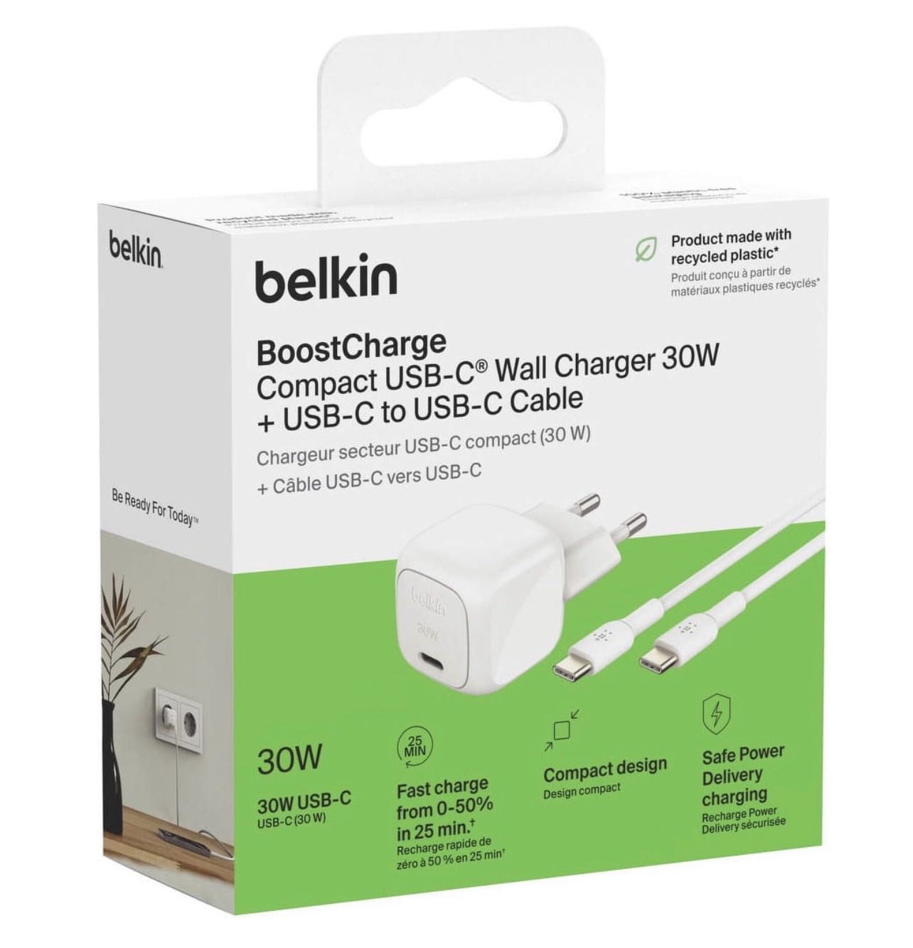 Belkin Chargeur Secteur USB-C 30W Power Delivery 3.1 avec Câble USB-C vers USB-C 