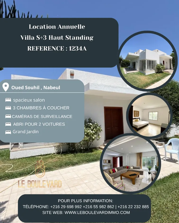 A Louer Villa S+3 Haut Standing Avec Jardin à Oued Souhil, Nabeul 