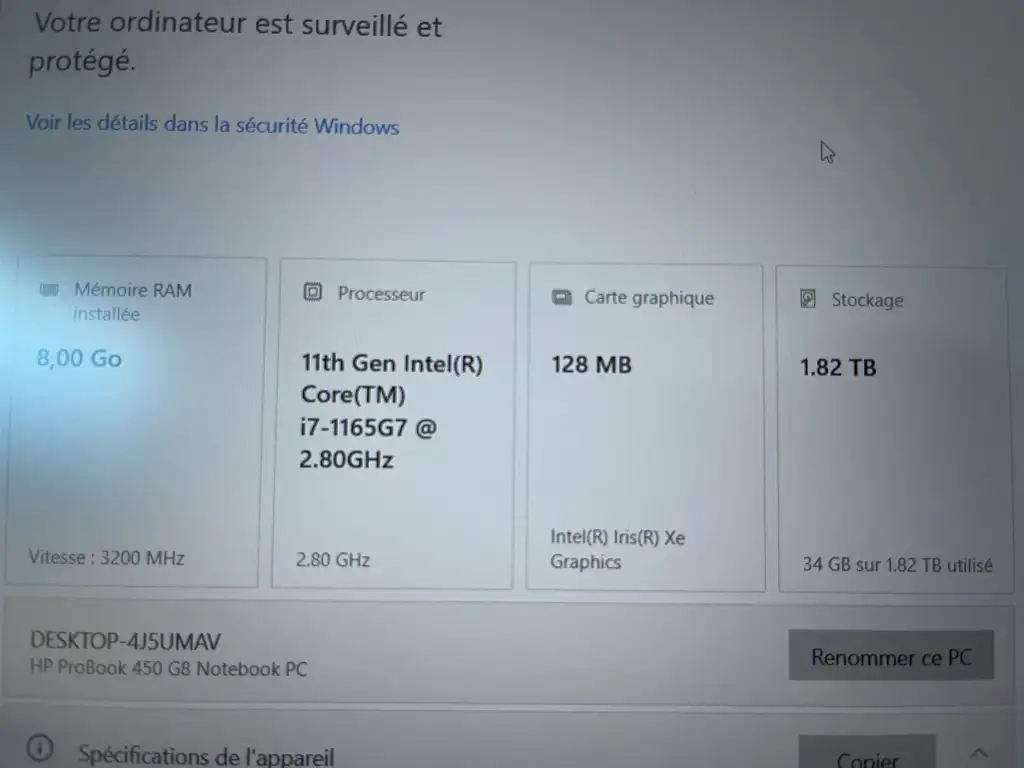 Hp probook 450 g8 i7 11 eme generation