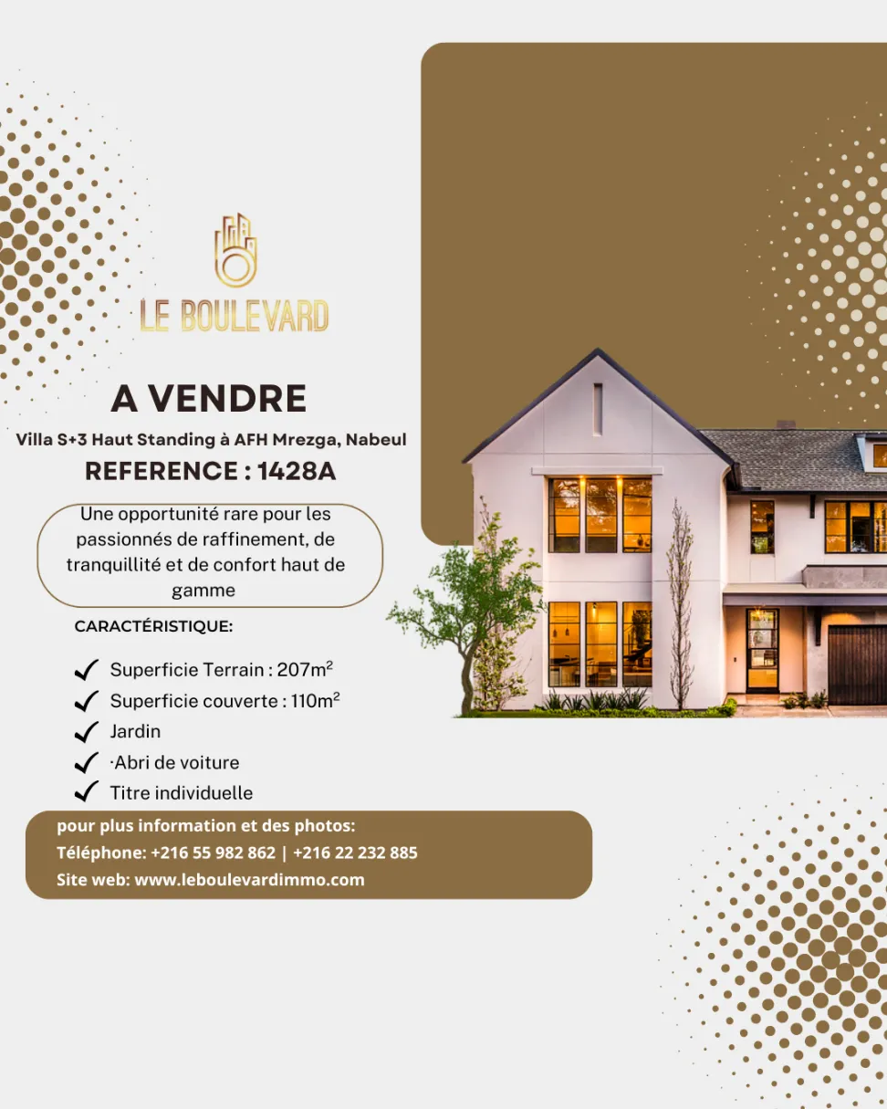 A Vendre Villa S+3 Haut Standing Avec Jardin à AFH Mrezga, Cité El Wafa, Nabeul 