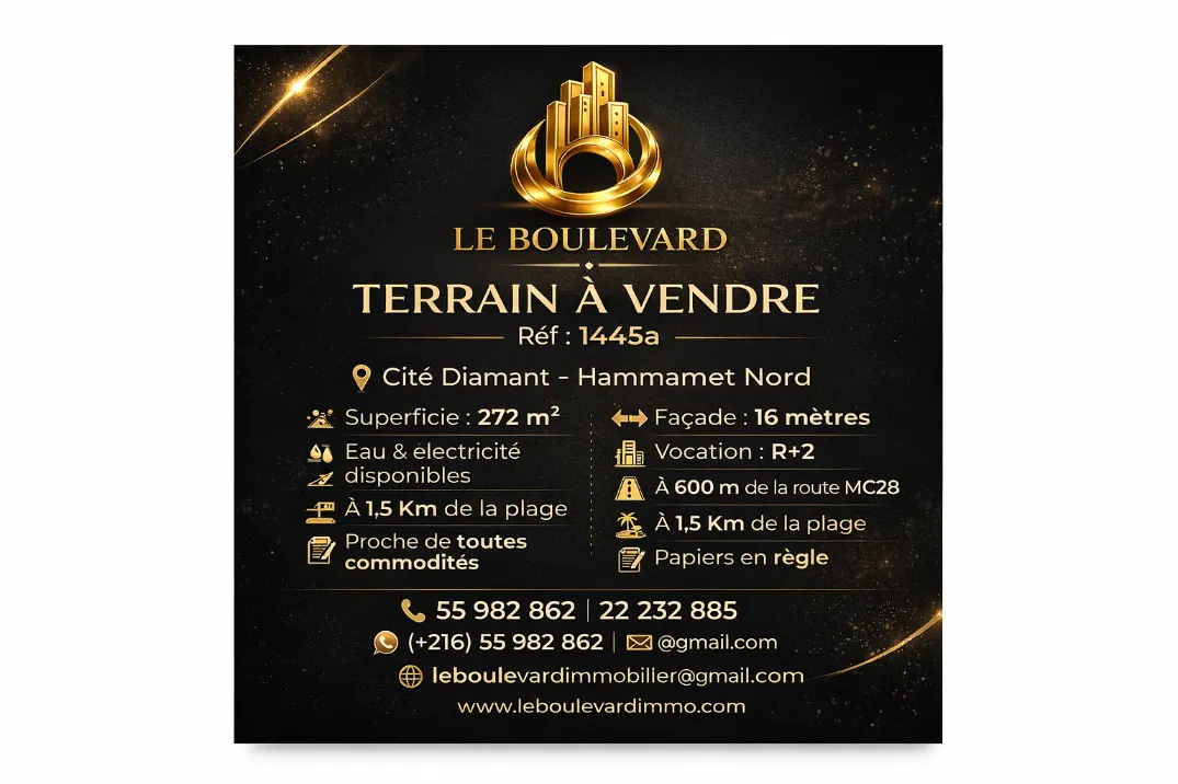 À Vendre Terrain 272m² à Cité Diamant, Hammamet Nord