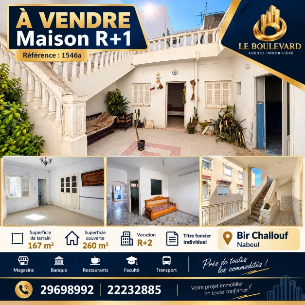 A Vendre maison R+1 située à Bir Challouf, Nabeul