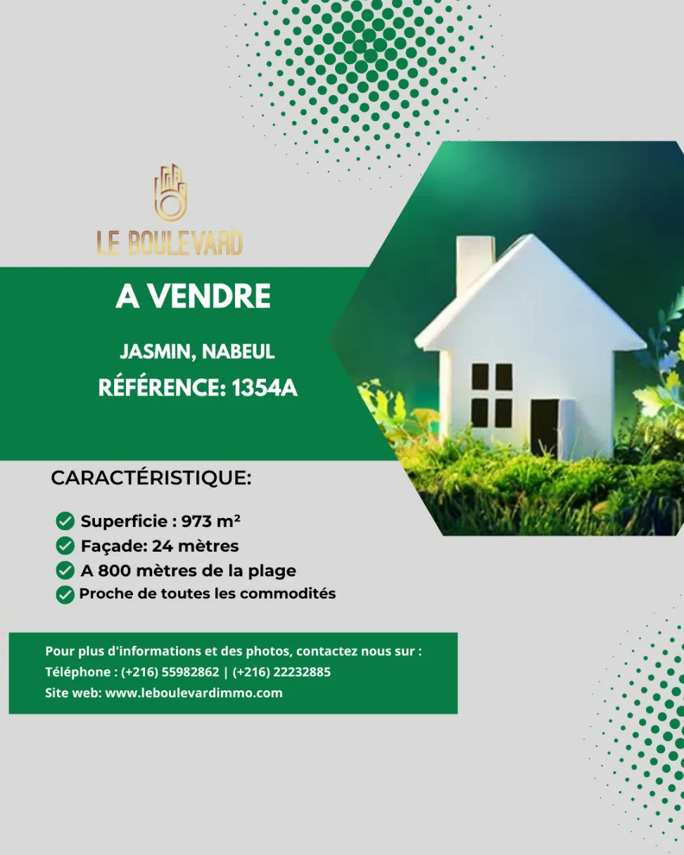 A Vendre terrain viabilisé situé dans un quartier résidentiel de luxe à Jasmin, Nabeul