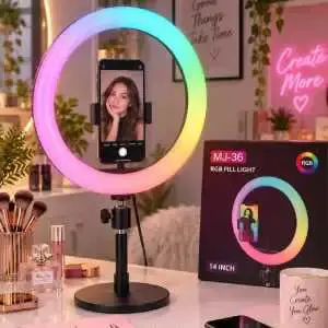 Anneau lumineux LED RGB arc-en-ciel doux de 14 pouces avec trépied et support pour téléphone 40.6 cm