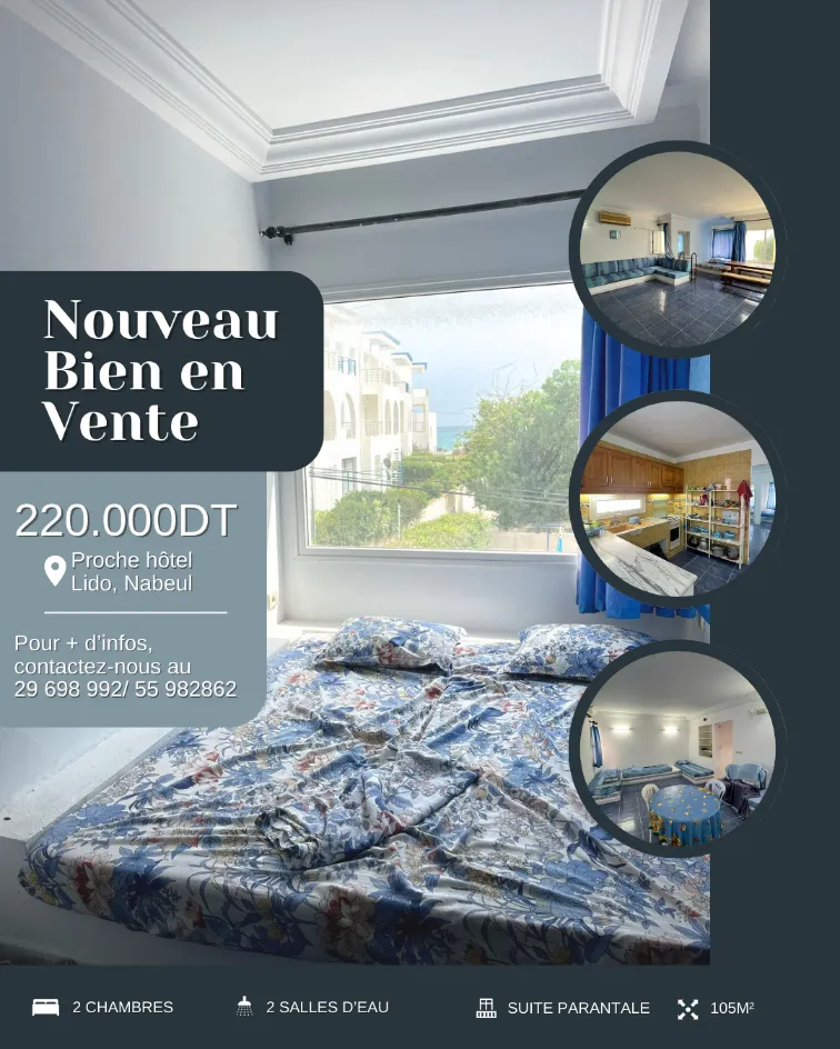 À vendre Maison sur deux niveaux au bord de la mer, à Lido, Nabeul