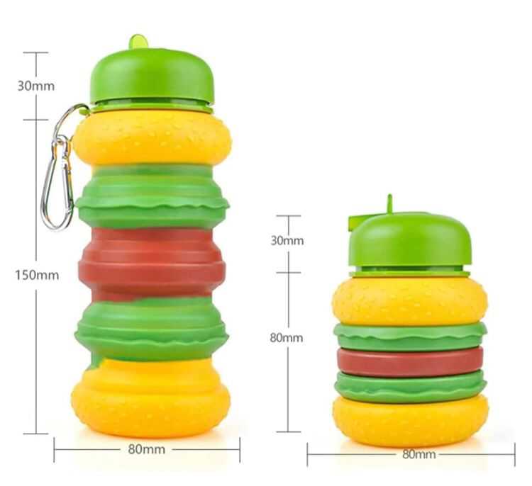 Bouteille d'eau pour enfants, étanche, pliable en silicone 600 ml (hamburger)