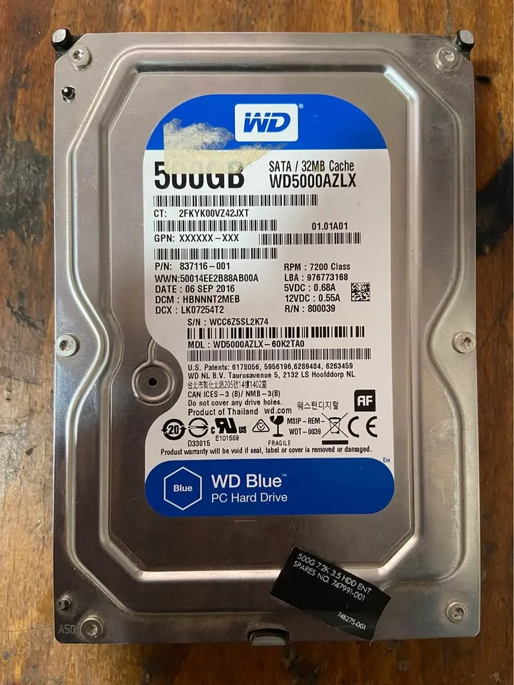 Disque dur WD 500 Go SATA 3.5 état 100% 