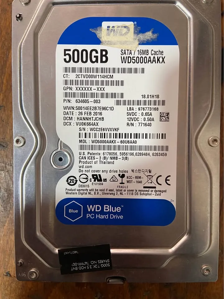Disque dur WD 500 Go SATA 3.5 état 100% 