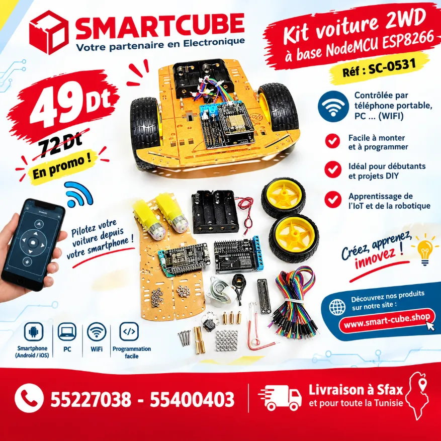  Kit Voiture 2WD à base NodeMCU ESP8266 – WiFi 