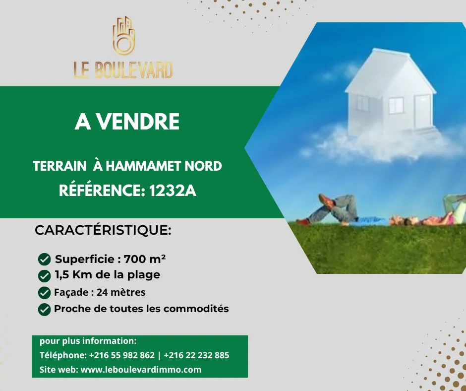 A Vendre Terrain 700m² Situé à Cité Diamant, Hammamet Nord