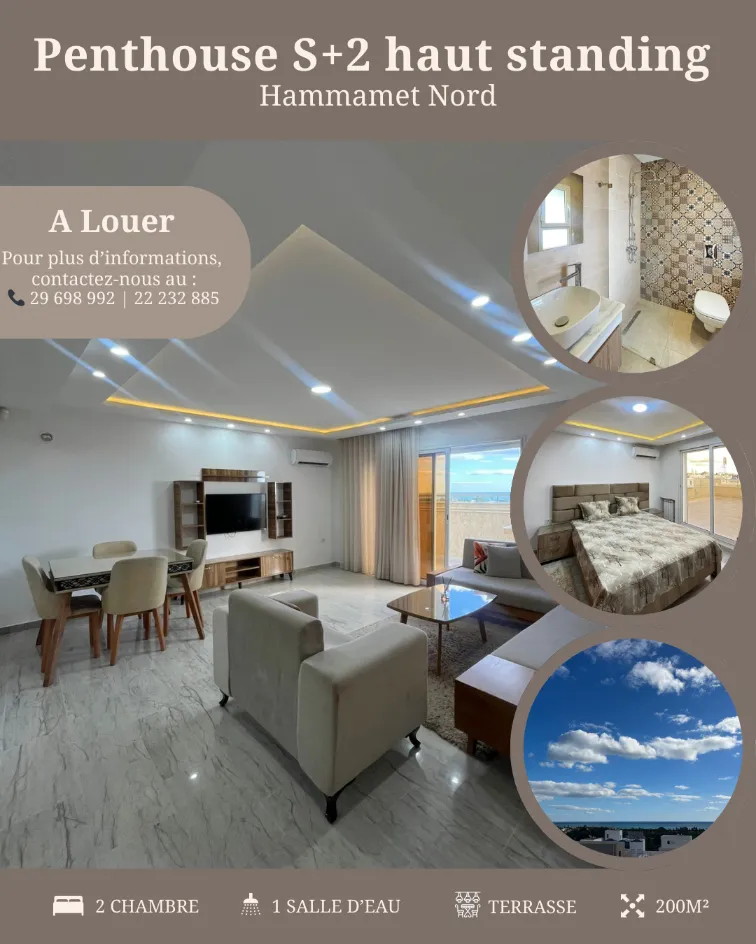À Louer Penthouse S+2 vue sur mer, situé dans une résidence bien sécurisée à Hammamet Nord