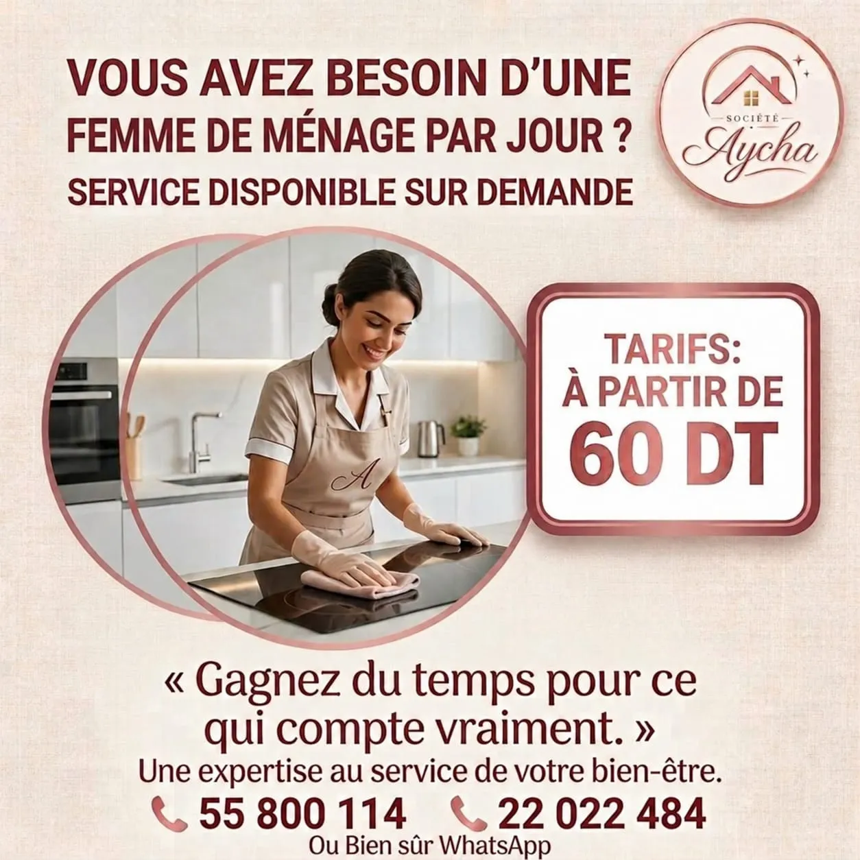 Femme de ménage par jour a partir de 60d
