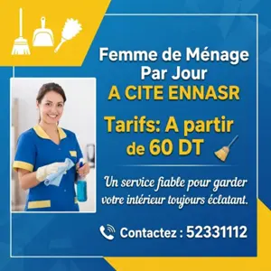 Femmes de ménage disponibles par jour dès 60 DT !