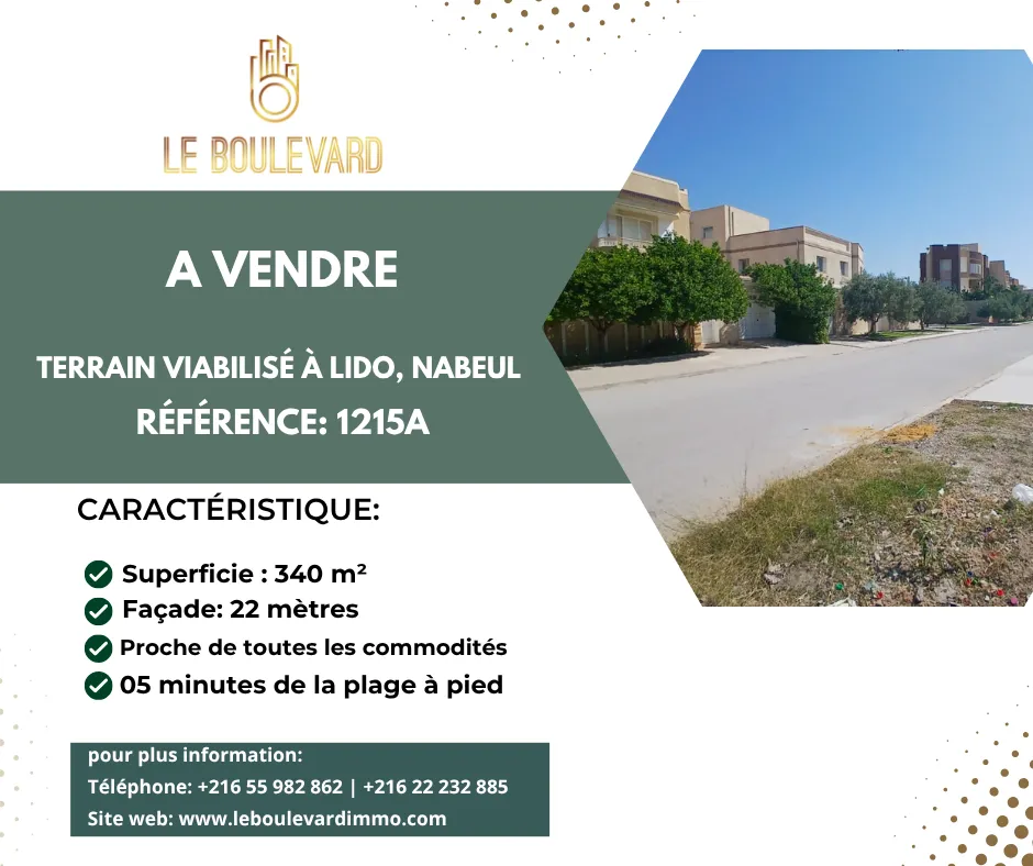A vendre terrain viabilisé 340m² à Lido , Nabeul