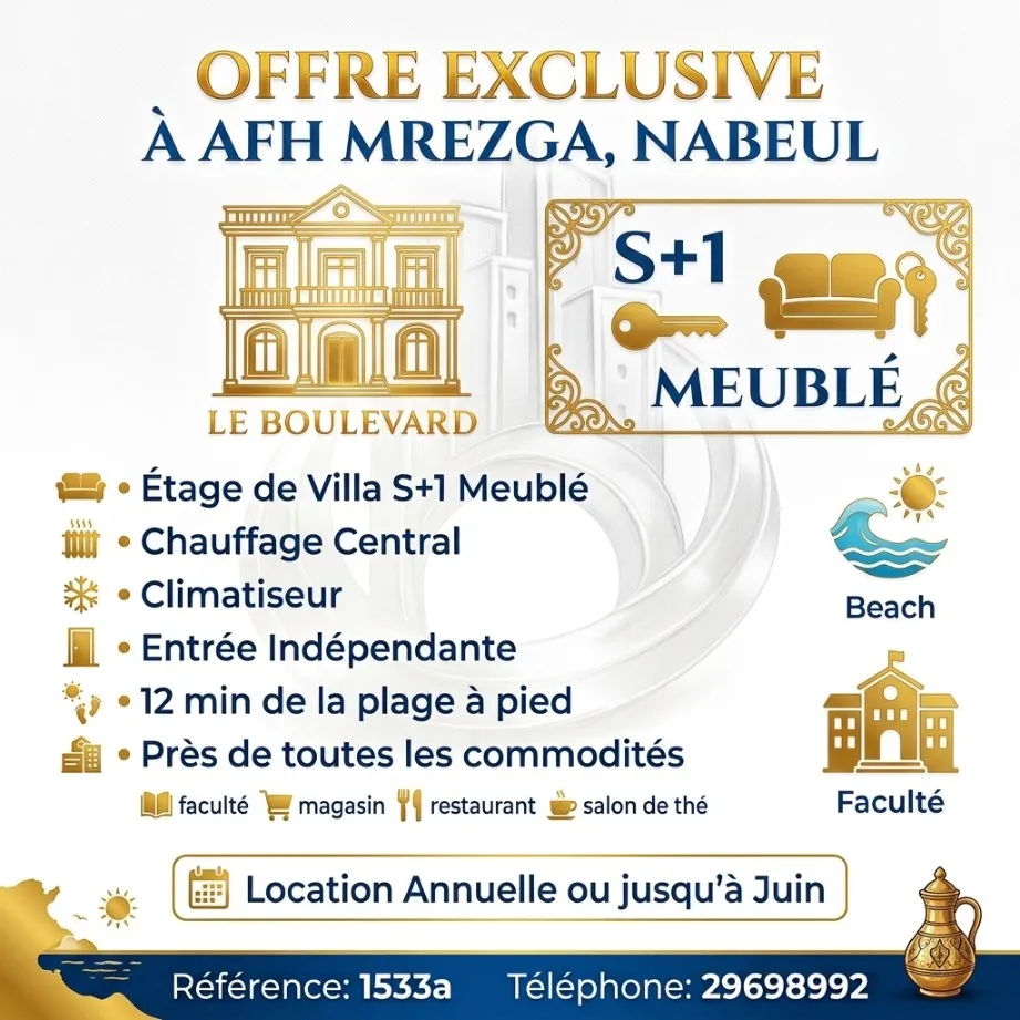A Louer Etage De Villa S+1 Meublé à AFH Mrezga, Nabeul 