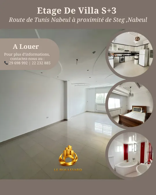 A louer étage de villa 2S+3 à Route de Tunis , Nabeul