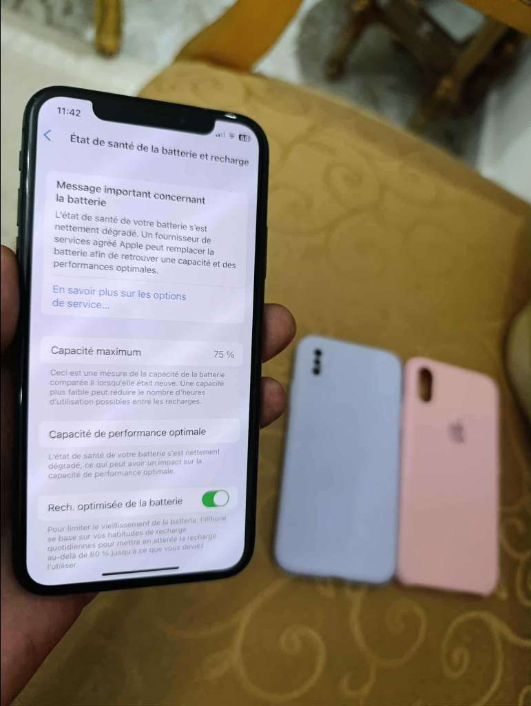 iphone x a létat dorigine 
stockage 64g 
faceid activé
trutone activé
batrie 75%
version ios 16.7.12

