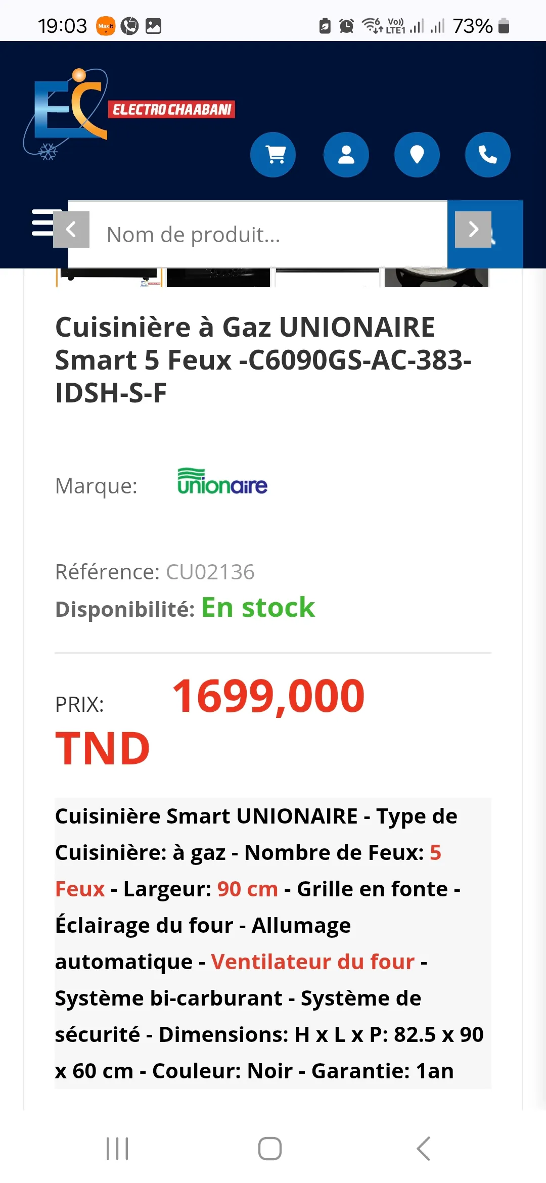 Cuisinière hotte 90cm