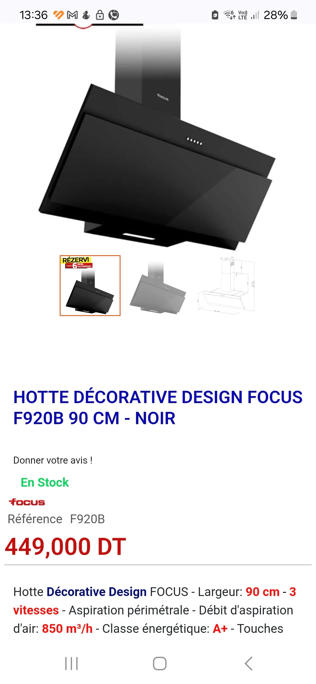 Cuisinière hotte 90cm