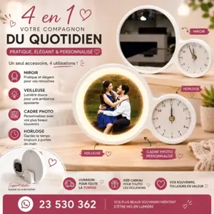  4 en 1 — 🪞 Miroir 💡 Veilleuse ⏰ Horloge 🖼️ Cadre photo personnalisé