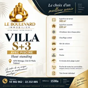 A Vendre Villa S+3 Haut Standing Avec Piscine à AFH Mrezga, Nabeul 